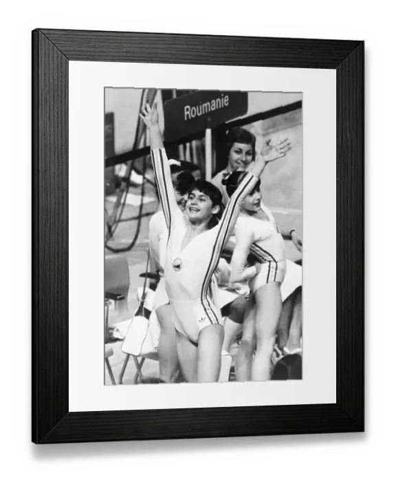 Framed Print : Nadia Comaneci Celebrating at Olympics