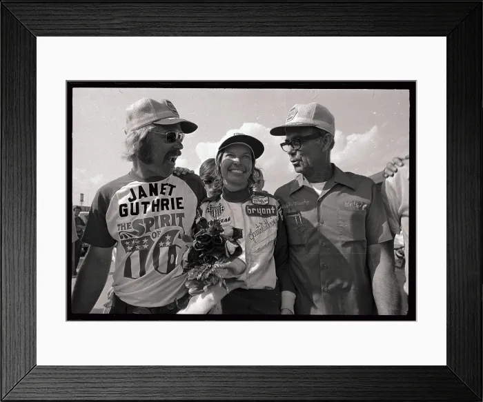 Framed Print : Janet Guthrie with Roses and Crew