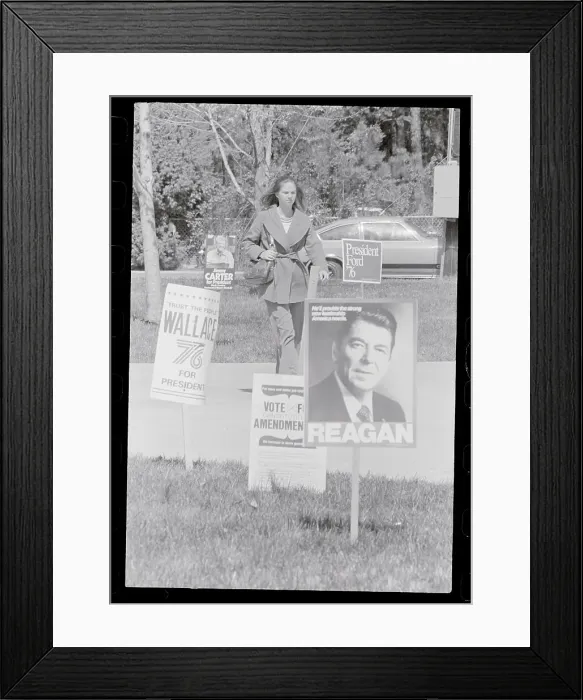 Framed Print : Girl Walking Past Reagan Placards Framed Print : Girl Walking Past Reagan Placards