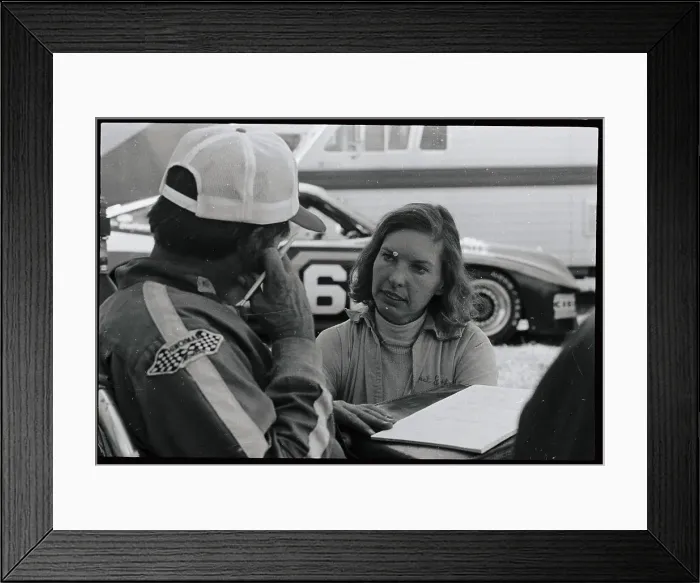 Framed Print : Janet Guthrie Talking with Car Owner Framed Print : Janet Guthrie Talking with Car Owner