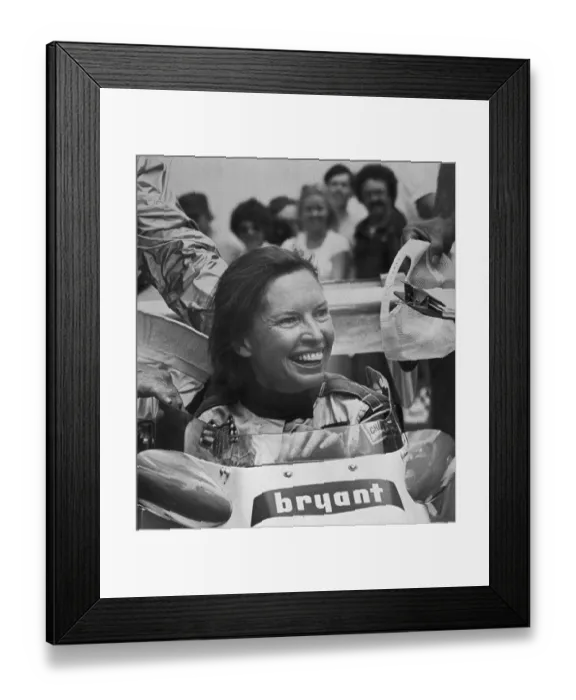 Framed Print : Janet Guthrie Grinning in Racecar Framed Print : Janet Guthrie Grinning in Racecar