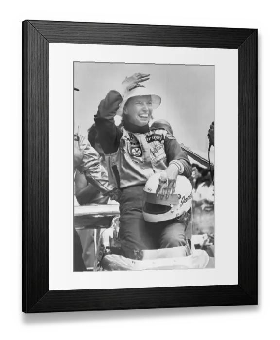 Framed Print : Janet Guthrie Laughing in Racecar Framed Print : Janet Guthrie Laughing in Racecar