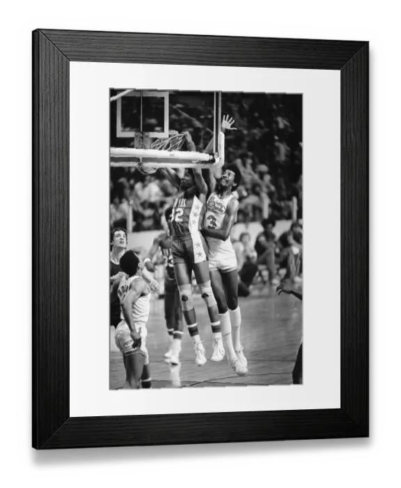 Framed Print : Julius Erving Grabbing Onto Basket After Dunk Framed Print : Julius Erving Grabbing Onto Basket After Dunk