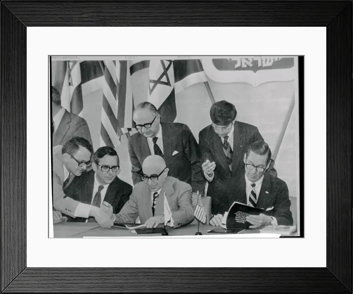 Framed Print : William Simon and Finance Minister Rabinowitz Signing Agreement Framed Print : William Simon and Finance Minister Rabinowitz Signing Agreement