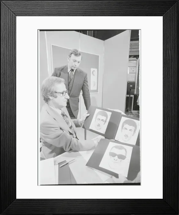 Framed Print : Detective Shaw Taylor with Head Shots of Suspects Framed Print : Detective Shaw Taylor with Head Shots of Suspects