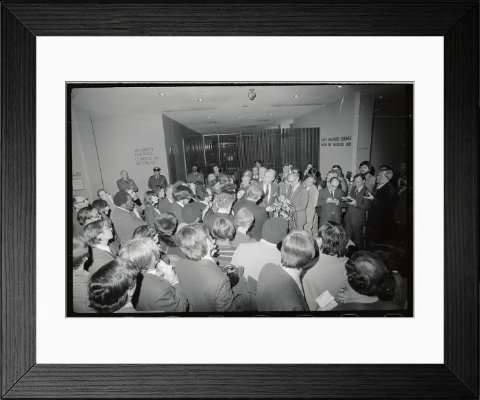 Framed Print : Daniel Moynihan Giving a Press Conference on His New Career Choice Framed Print : Daniel Moynihan Giving a Press Conference on His New Career Choice