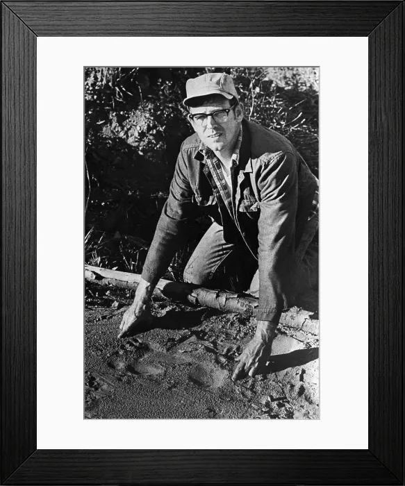 Framed Print : Phil Thompson Measures Bigfoot Footprint Framed Print : Phil Thompson Measures Bigfoot Footprint