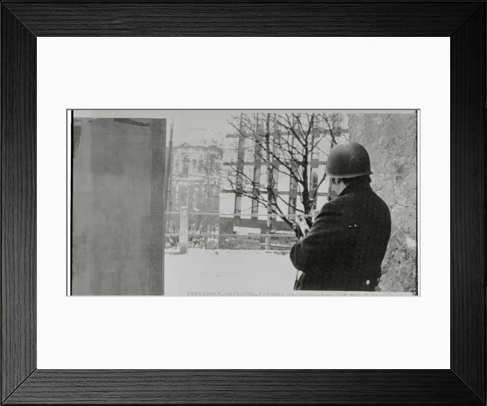 Framed Print : Armed Policeman Gazing at Building Where Hostages are Held Framed Print : Armed Policeman Gazing at Building Where Hostages are Held