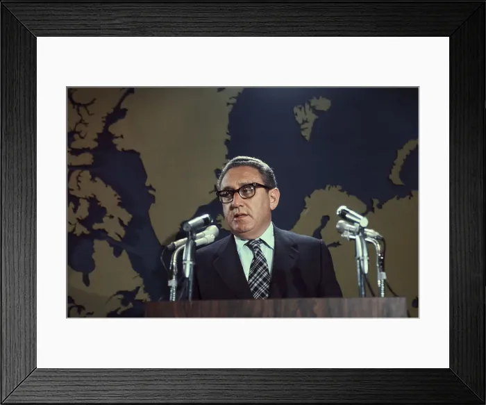 Framed Print : Henry Kissinger at Microphones Framed Print : Henry Kissinger at Microphones