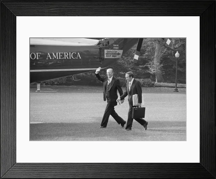 Framed Print : Gerald Ford Waving and Walking with Richard Cheney Framed Print : Gerald Ford Waving and Walking with Richard Cheney
