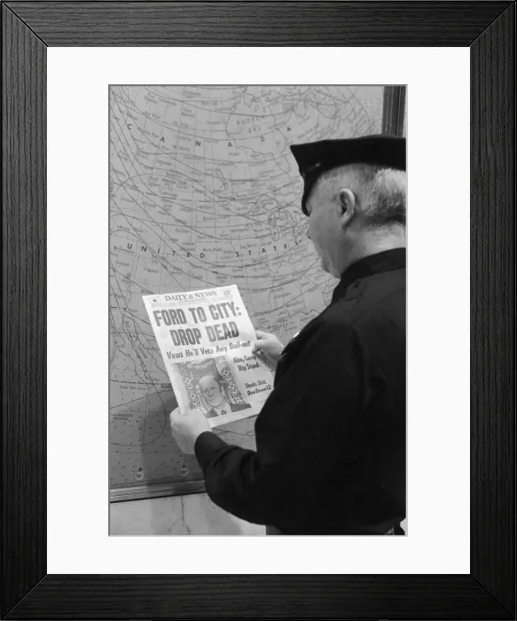 Framed Print : Man Reading Newspaper Headline About Gerald Ford Framed Print : Man Reading Newspaper Headline About Gerald Ford