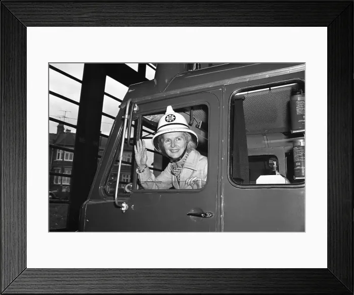 Framed Print : Margaret Thatcher Seated in Firetruck Framed Print : Margaret Thatcher Seated in Firetruck