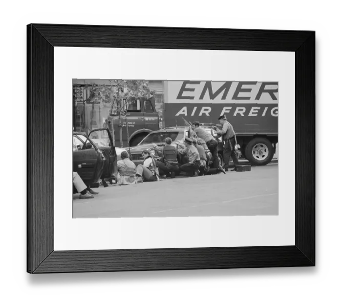 Framed Print : Police Taking Cover from Sniper Framed Print : Police Taking Cover from Sniper