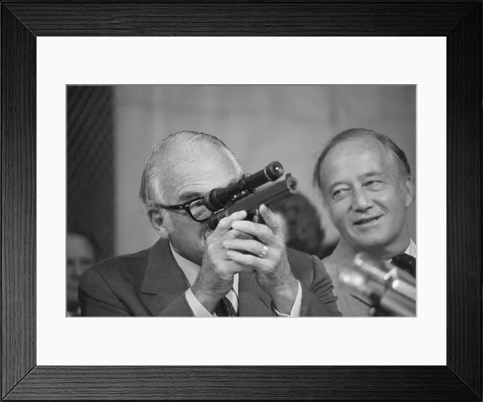 Framed Print : Barry Goldwater Sights Through Dart Gun Framed Print : Barry Goldwater Sights Through Dart Gun