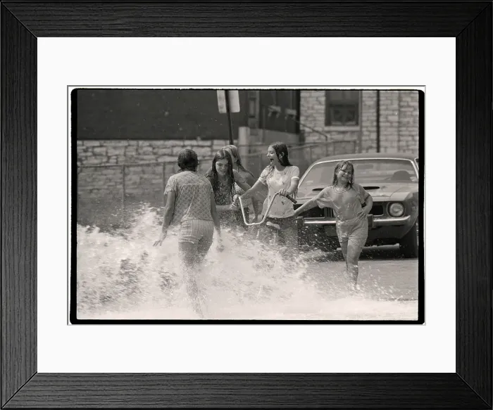 Framed Print : Girls W / Bike Play With Hydrant Framed Print : Girls W / Bike Play With Hydrant