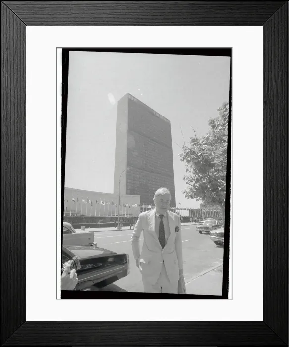 Framed Print : Daniel Moynihan Standing in Street Outside United Nations Building Framed Print : Daniel Moynihan Standing in Street Outside United Nations Building