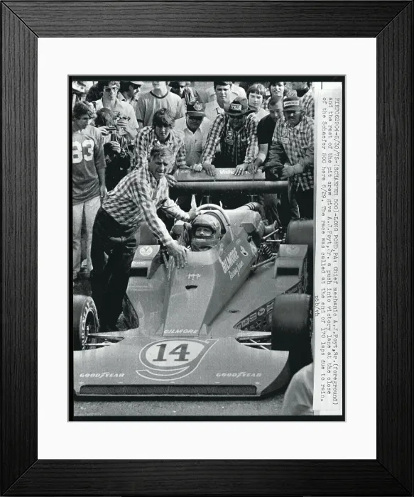 Framed Print : Crew Pushing A.J. Foyt's Car Framed Print : Crew Pushing A.J. Foyt's Car
