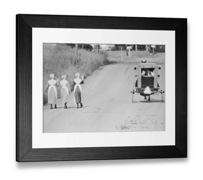 Framed Print : Amish Women Walking Wave To Buggy Framed Print : Amish Women Walking Wave To Buggy