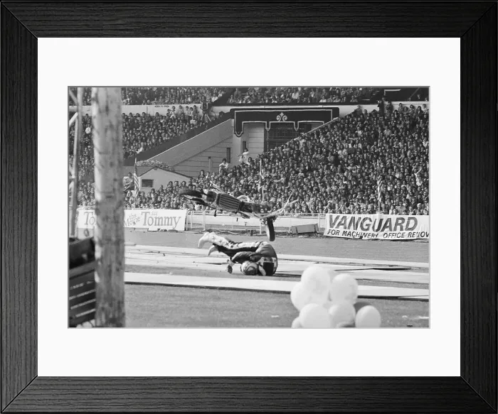 Framed Print : Evel Knievel Landing off his Motorcycle Framed Print : Evel Knievel Landing off his Motorcycle