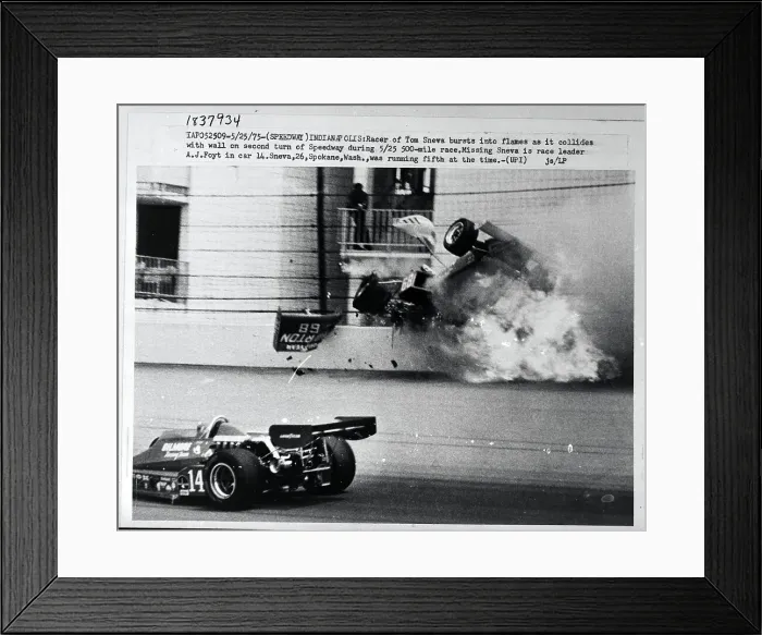 Framed Print : A.J. Foyt Passes Exploding Car Framed Print : A.J. Foyt Passes Exploding Car