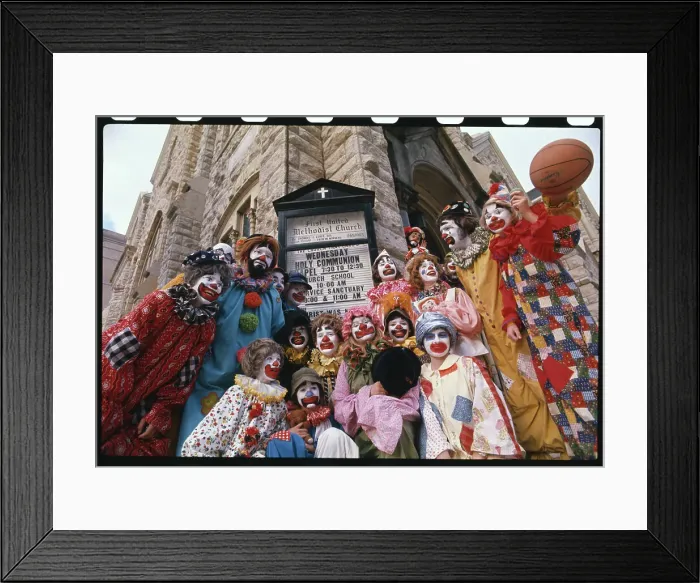 Framed Print : Group of Clowns Standing Outside a Church Framed Print : Group of Clowns Standing Outside a Church