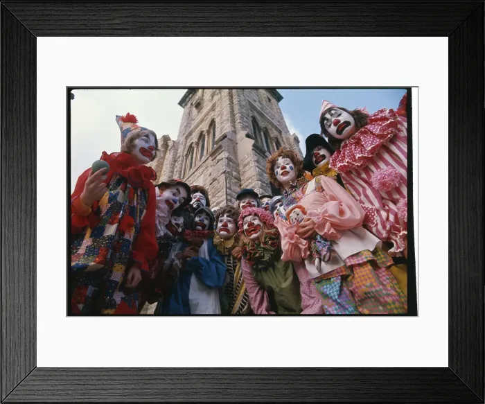 Framed Print : Group of Clowns Standing Outside a Church Framed Print : Group of Clowns Standing Outside a Church