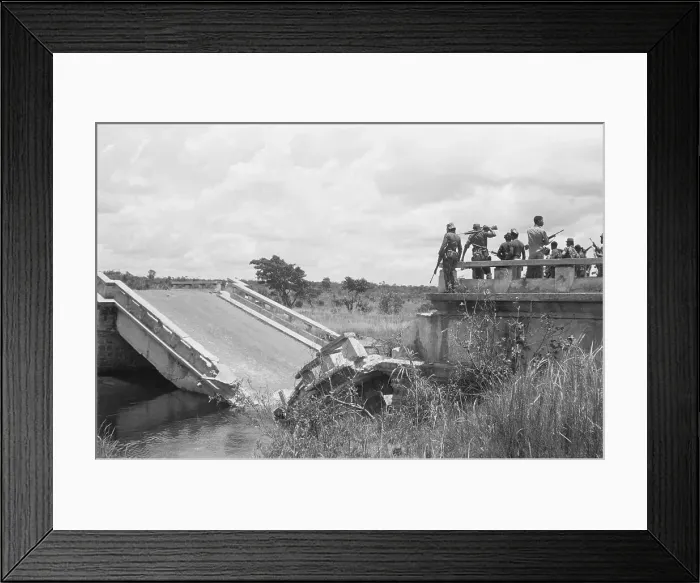 Framed Print : Soldiers Examining Broken Bridge of Bukaco Land Framed Print : Soldiers Examining Broken Bridge of Bukaco Land
