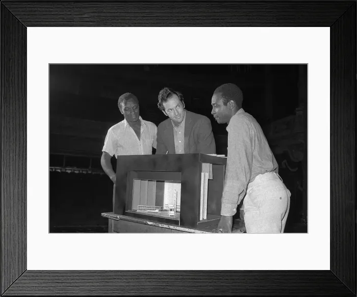 Framed Print : Bill Bradley with Actors Examining Stage Model Framed Print : Bill Bradley with Actors Examining Stage Model