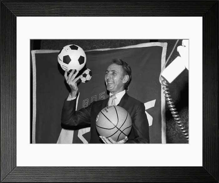 Framed Print : Bob Cousy Holding Basketball and Soccer Ball Framed Print : Bob Cousy Holding Basketball and Soccer Ball