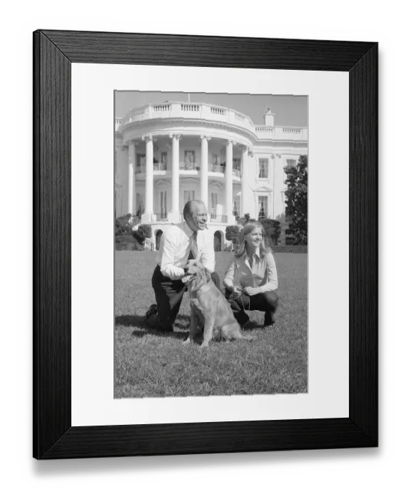 Framed Print : President Gerald Ford Stooping on Lawn with His Daughter and Dog Framed Print : President Gerald Ford Stooping on Lawn with His Daughter and Dog