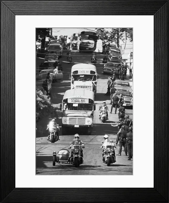 Framed Print : Bused Students with Heavy Police Escort Framed Print : Bused Students with Heavy Police Escort