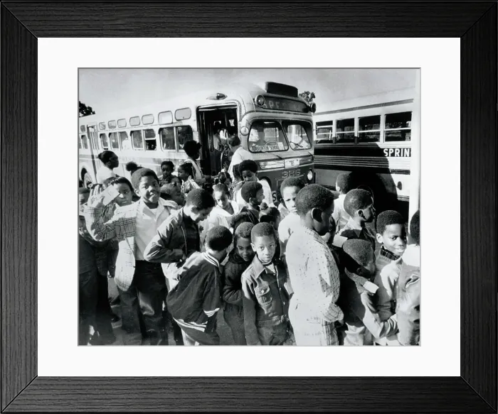 Framed Print : Bused Students Disembarking from Bus Framed Print : Bused Students Disembarking from Bus
