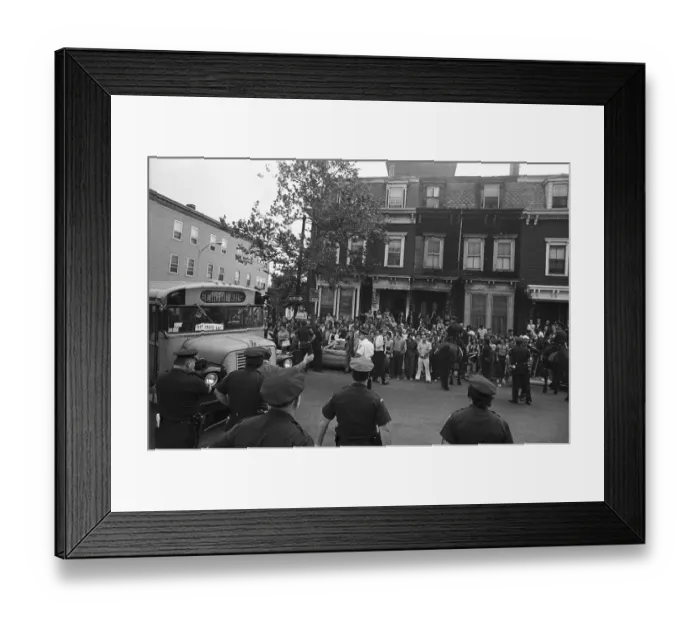 Framed Print : Police Keeping Crowds Back for School Bus