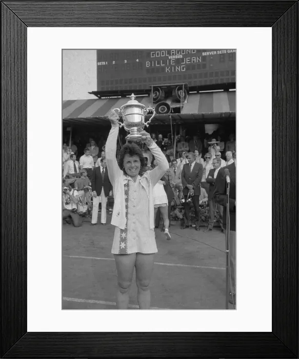 Framed Print : Billie Jean King Holding Trophy Overhead Framed Print : Billie Jean King Holding Trophy Overhead