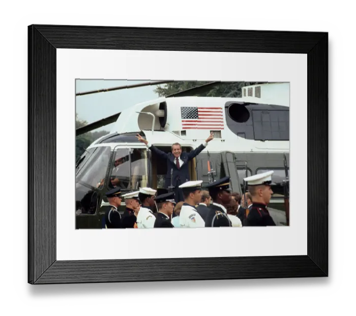 Framed Print : Richard Nixon Giving V Sign After Resignation
