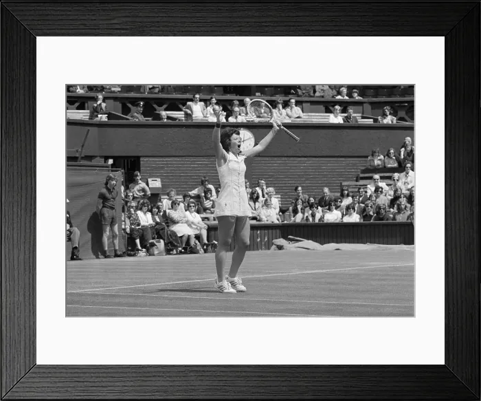 Framed Print : Billie Jean King Holding Her Arms Overhead and Yelling During Tennis Match