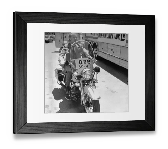 Framed Print : Pierre Trudeau on Motorcycle by Campaign Bus Framed Print : Pierre Trudeau on Motorcycle by Campaign Bus