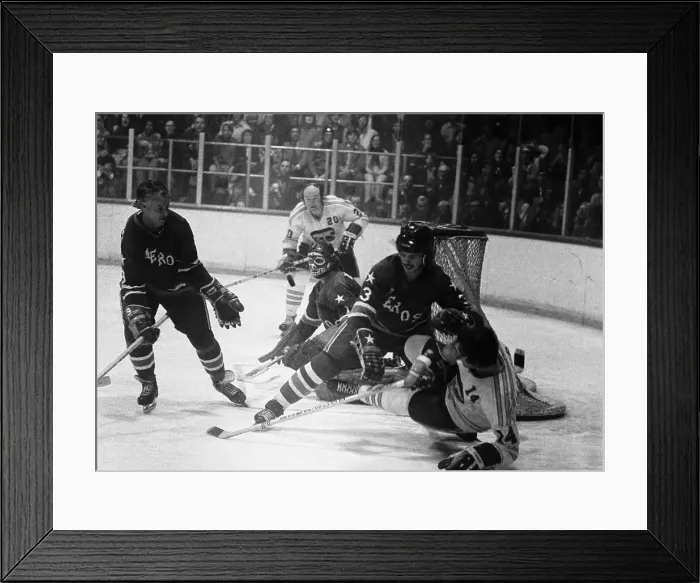 Framed Print : Gordon Howe Helps Defend Goal in Hockey Framed Print : Gordon Howe Helps Defend Goal in Hockey