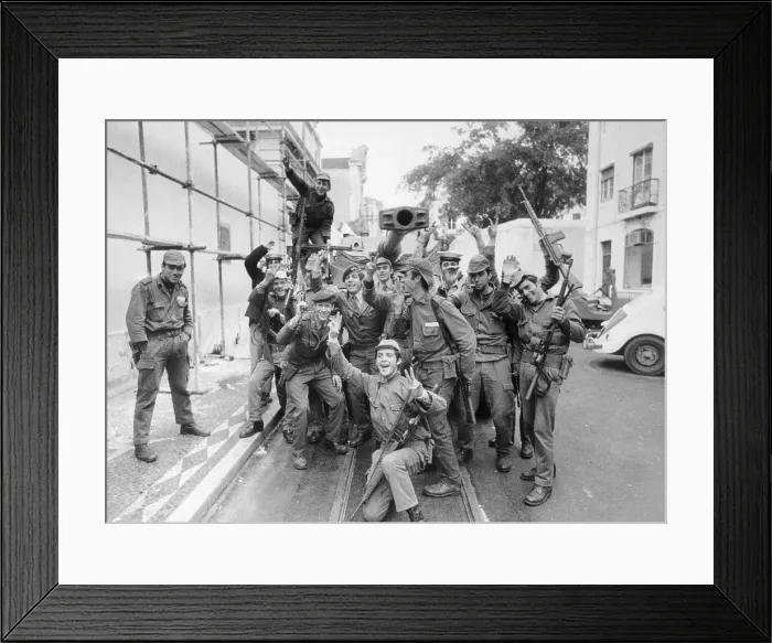 Framed Print : Armed Troops Waving in Street