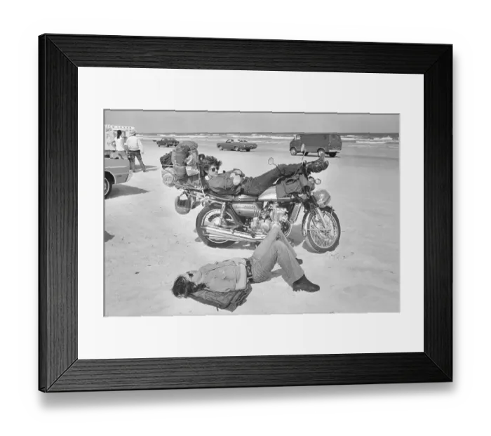 Framed Print : Motorcyclists Rest on Bikes on Daytona Beach Framed Print : Motorcyclists Rest on Bikes on Daytona Beach