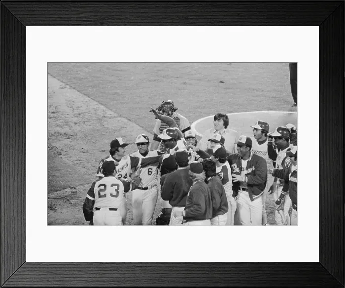 Framed Print : Hank Aaron Being Congratulated by Teammates Framed Print : Hank Aaron Being Congratulated by Teammates
