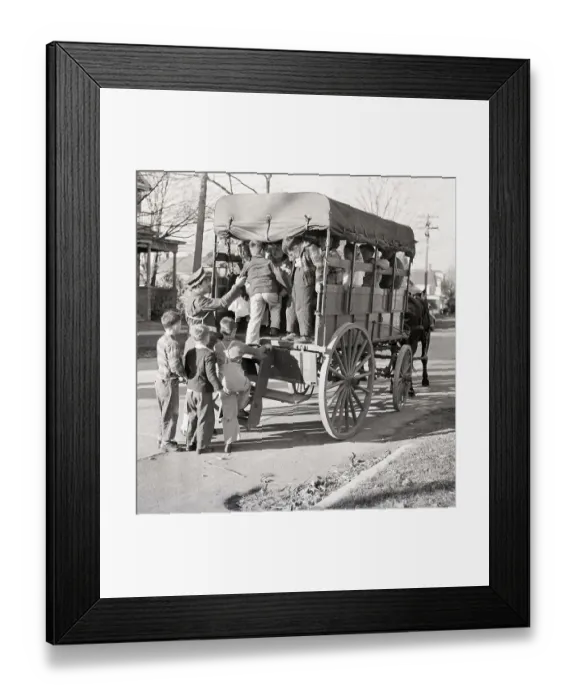 Framed Print : Children Board Horse-Driven Bus Framed Print : Children Board Horse-Driven Bus