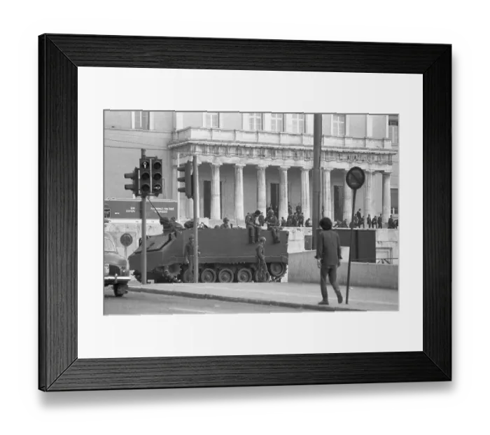 Framed Print : View of Street with Tank Parked for Security Framed Print : View of Street with Tank Parked for Security