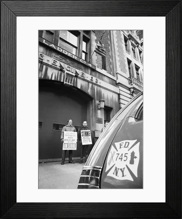 Framed Print : Firemen with Strike Signs Stand in Front of Firehouse Framed Print : Firemen with Strike Signs Stand in Front of Firehouse