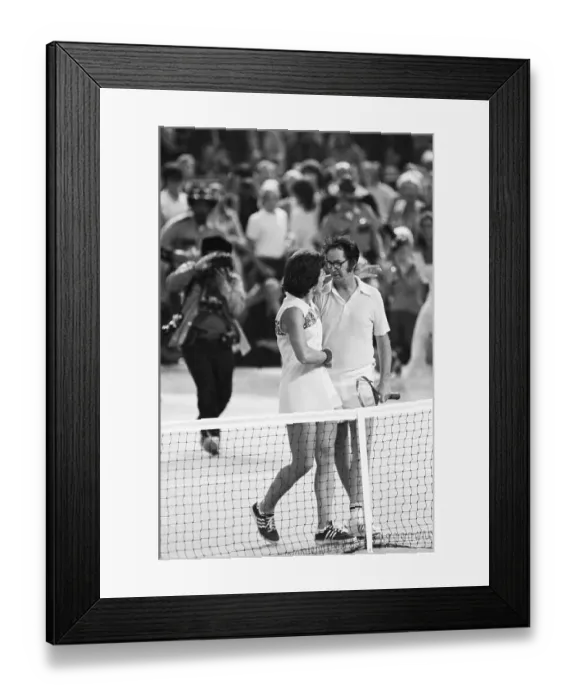 Framed Print : Billie Jean King and Bobby Riggs at end of Match Framed Print : Billie Jean King and Bobby Riggs at end of Match