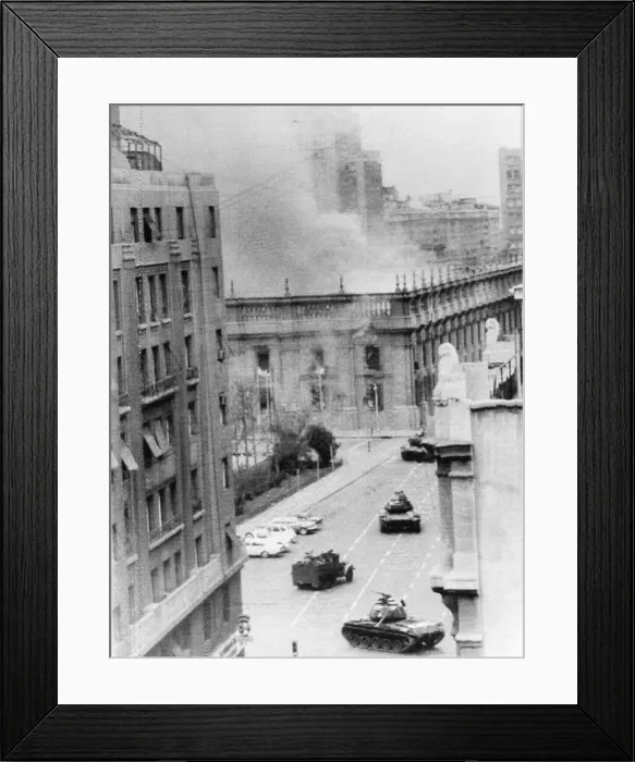 Framed Print : War Area with Burning Building in Chile
