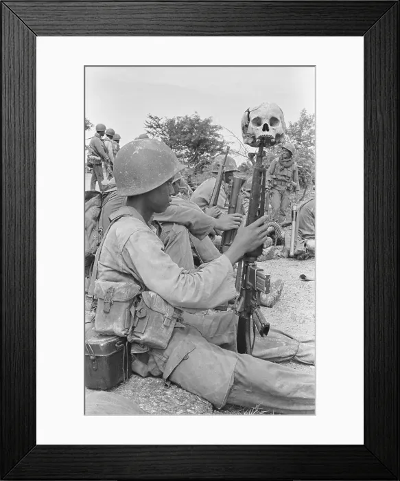 Framed Print : Soldier Resting with Skull on Rifle Framed Print : Soldier Resting with Skull on Rifle