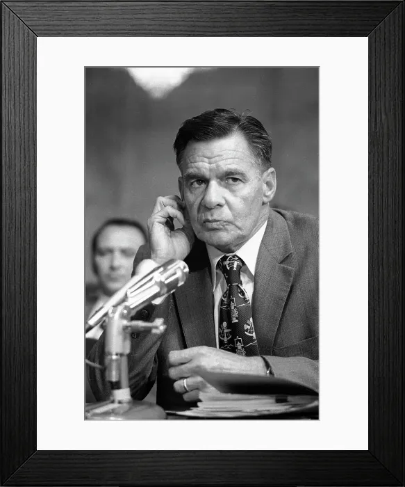 Framed Print : Henry Petersen Pausing at Microphone During Watergate Hearing Framed Print : Henry Petersen Pausing at Microphone During Watergate Hearing