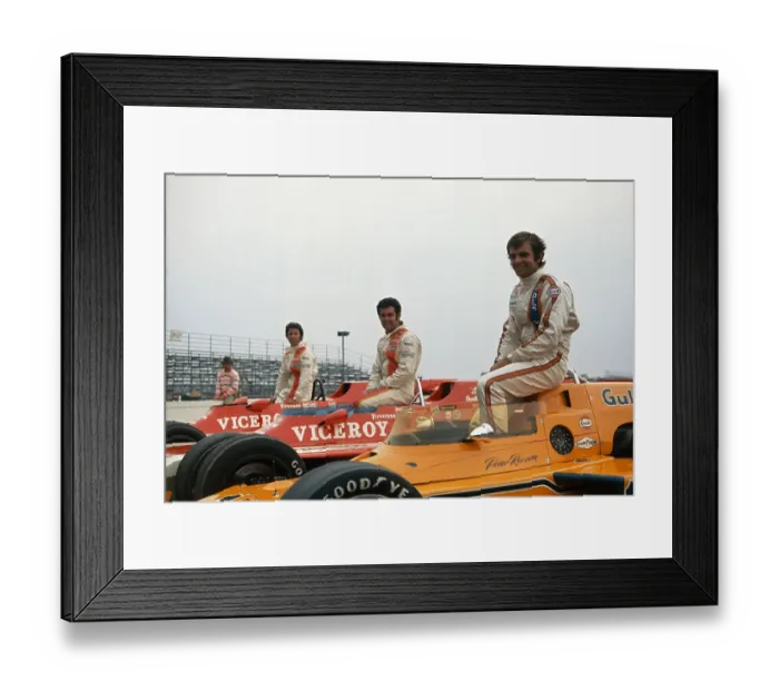 Framed Print : Race Car Drivers Sitting on Cars Framed Print : Race Car Drivers Sitting on Cars