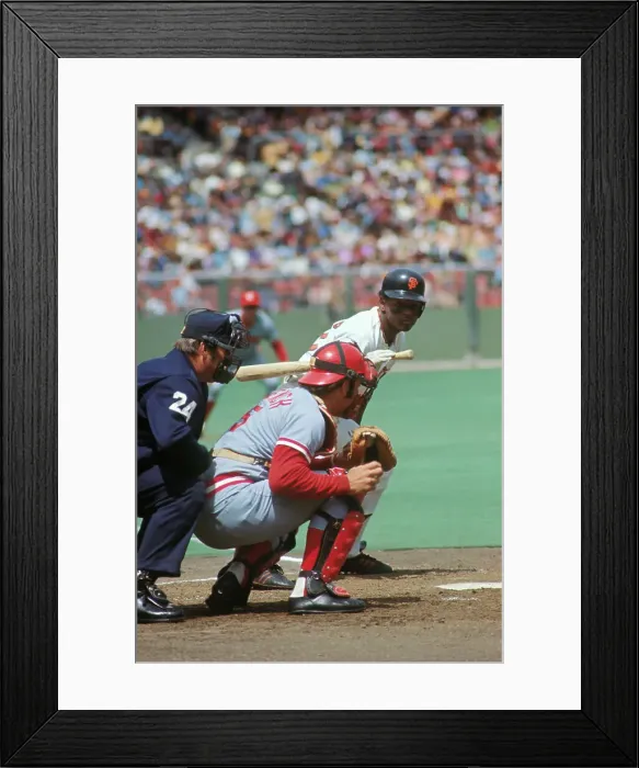 Framed Print : Johnny Bench Stooping for Catch During Baseball Game Framed Print : Johnny Bench Stooping for Catch During Baseball Game